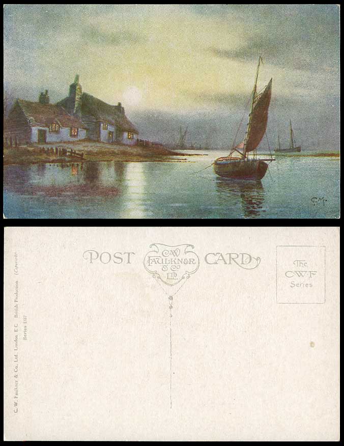 Fishing Boats Sailing Vessels Cottages Moon C. M. Artist Signed Old Postcard ART