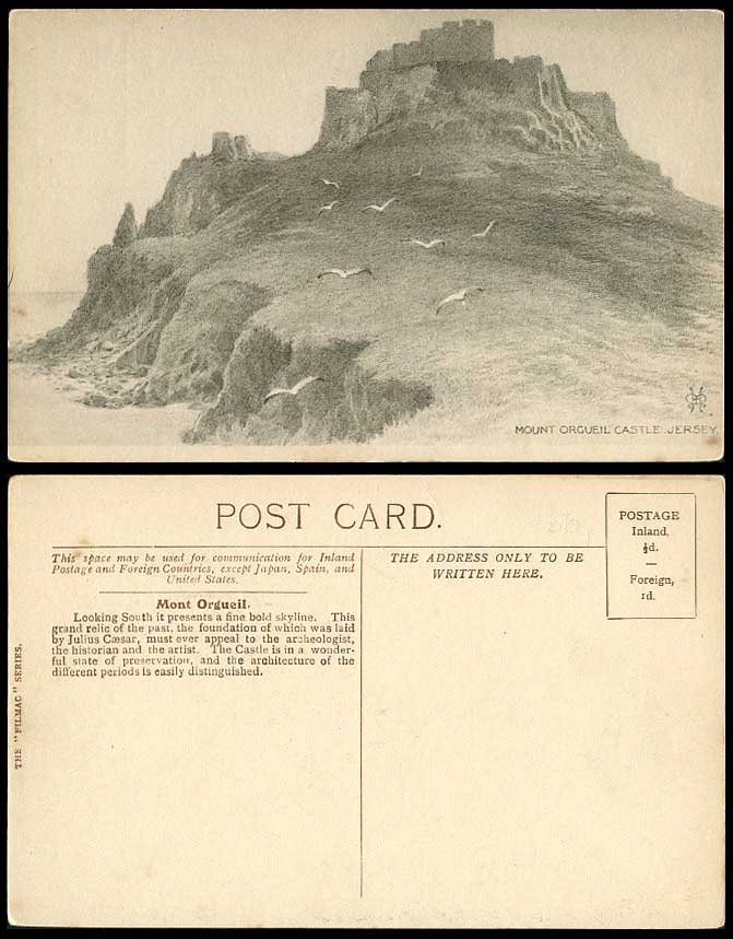 Jersey Mount Orgueil Castle Harbour Boats Art Drawn Old Postcard Channel Islands