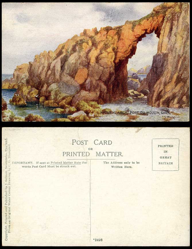Sark Natural Arch Port du Moulin Rocks C. G. Blampied Artist Signed Old Postcard
