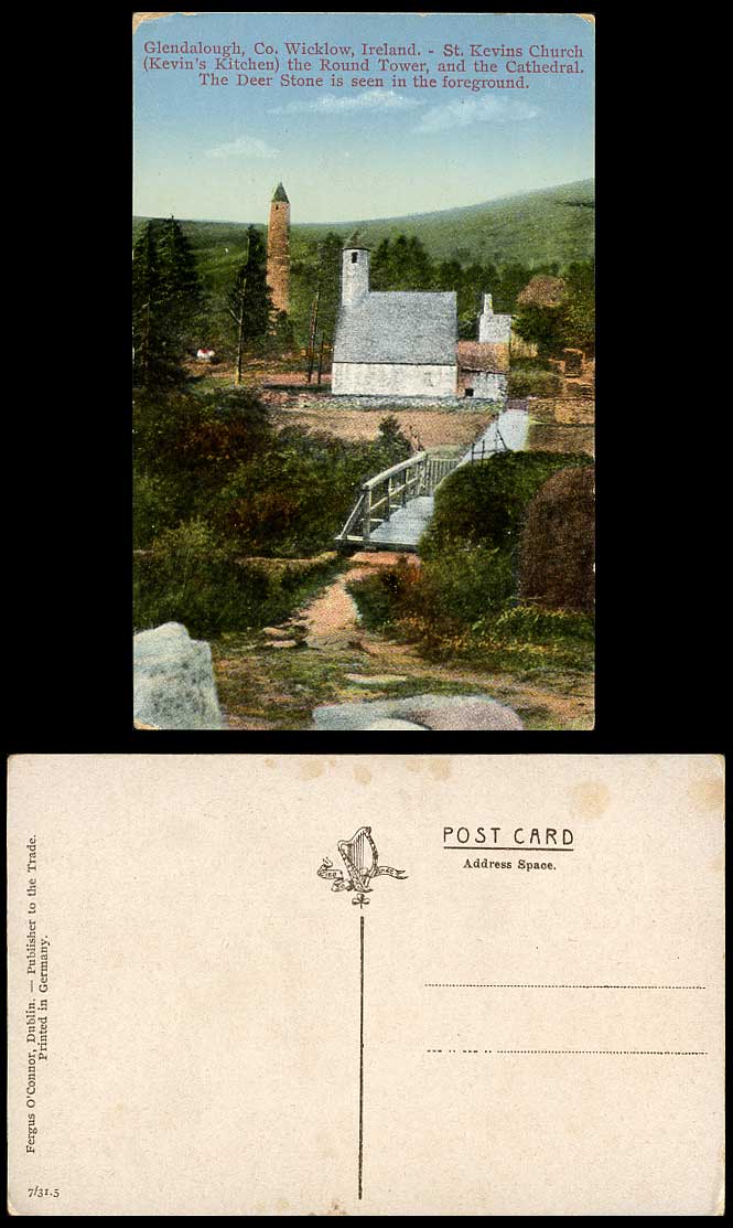 Ireland Old Postcard Glendalough St Kevin's Church Kitchen Cathedral Deer Stone