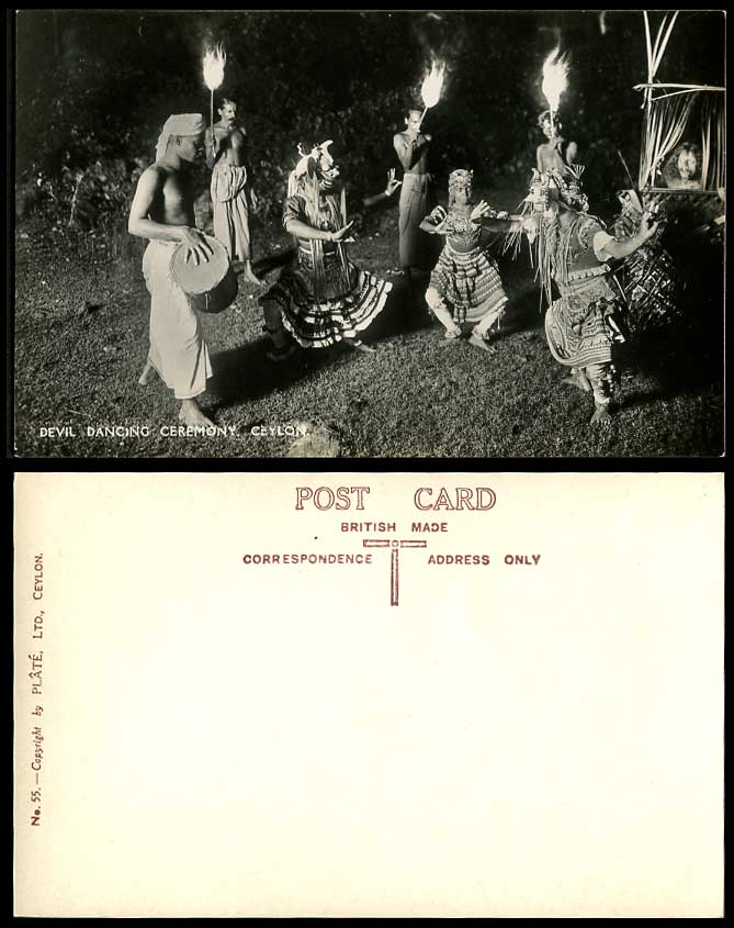 Ceylon Old Real Photo Postcard Devil Dancing Ceremony Native Dancers Dance, Fire