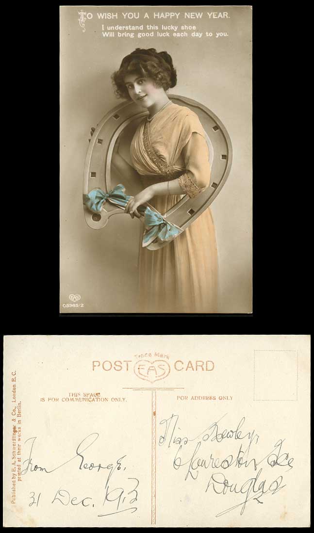 Glamour Lady Glamorous Woman Horseshoe, Happy New Year Old Handcoloured Postcard