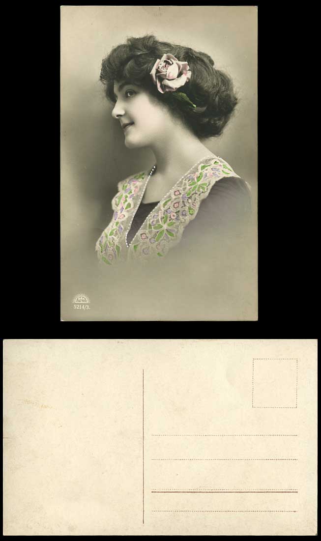 Glamour Lady Glamorous Woman Girl Rose Flower Old Real Photo Handcolour Postcard