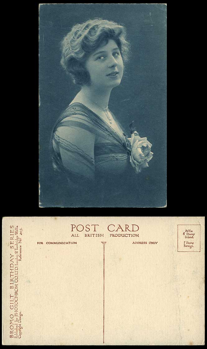 Glamour Lady Glamorous Woman, Bromo Gilt Birthday Series Photochrom Old Postcard