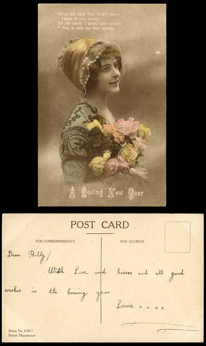 Glamour Lady Glamorous Woman Roses Flowers A Loving New Year Old Colour Postcard