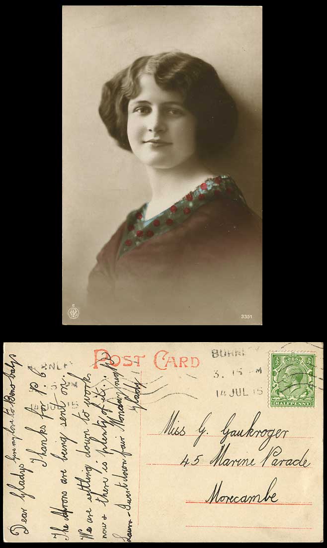 A Glamour Lady Glamorous Woman Smiling 1915 Old Handcoloured Real Photo Postcard