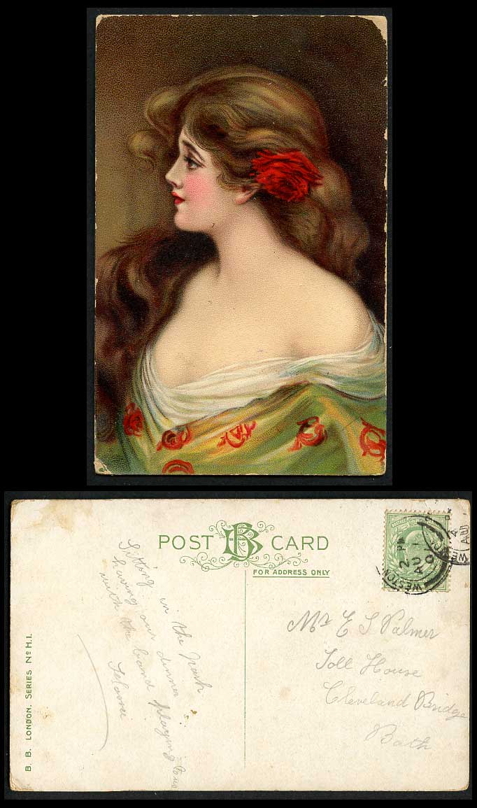 Glamour Lady Glamorous Woman Girl Red Rose Flower Artist Drawn 1907 Old Postcard