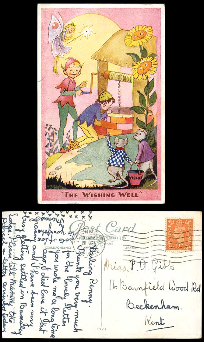 L.R. Steele Artist Signed 1947 Old Postcard The Wishing Well, Fairies Elves Mice