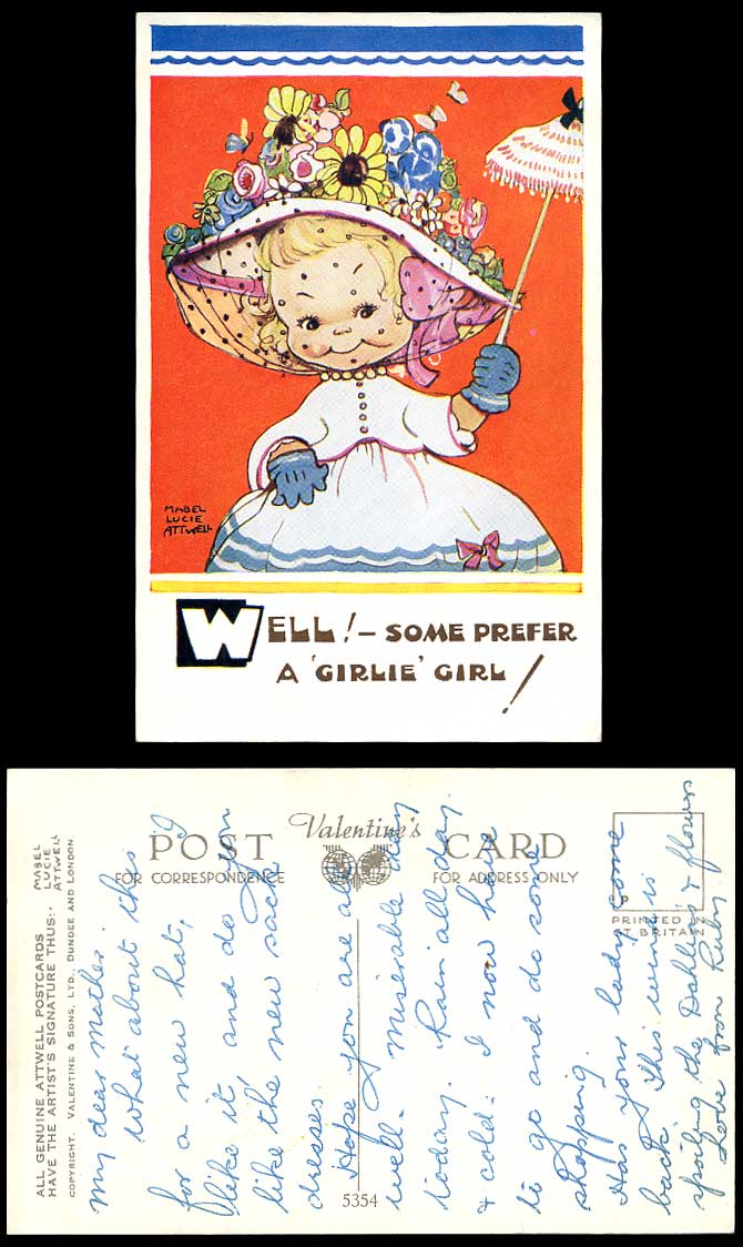 MABEL LUCIE ATTWELL Old Postcard Some Prefer a Girlie Girl Fashion Hat Veil 5354