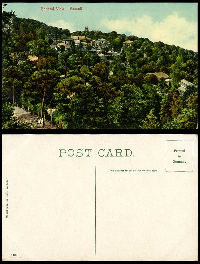 India Old Colour Postcard KASAULI General View, Panorama, Church on Hill, Street