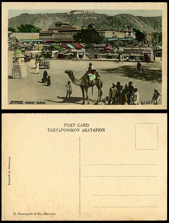 India Old Colour Postcard Street Scene Camel Rider JEYPORE JAIPUR Welcome & Hill