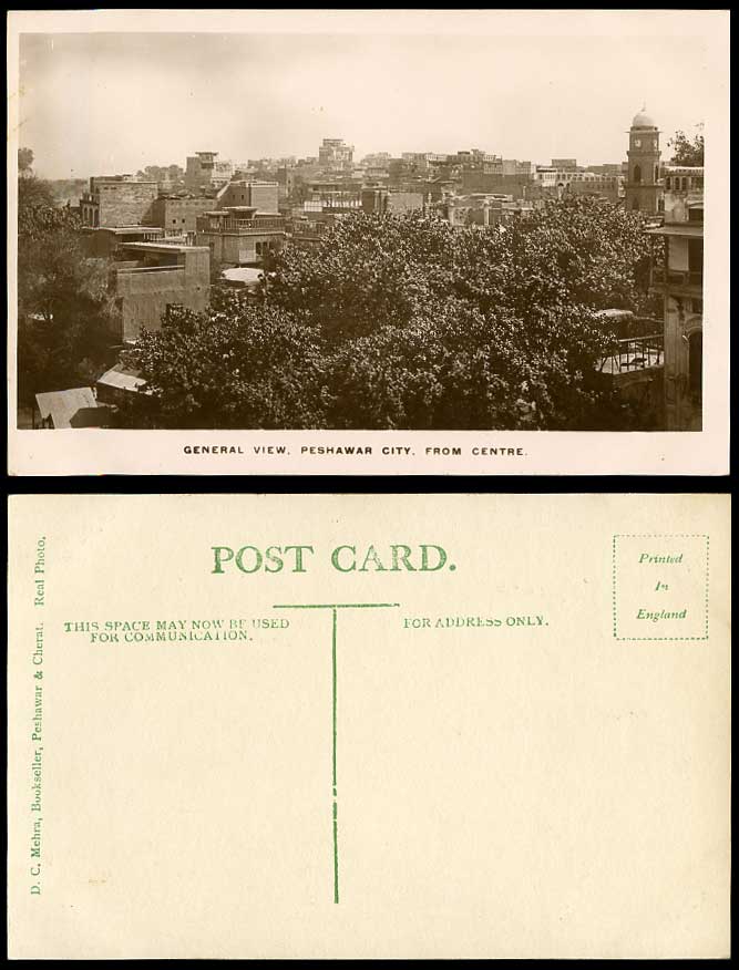 Pakistan Old R.P. Postcard Peshawar City, General View from Centre, Clock Tower