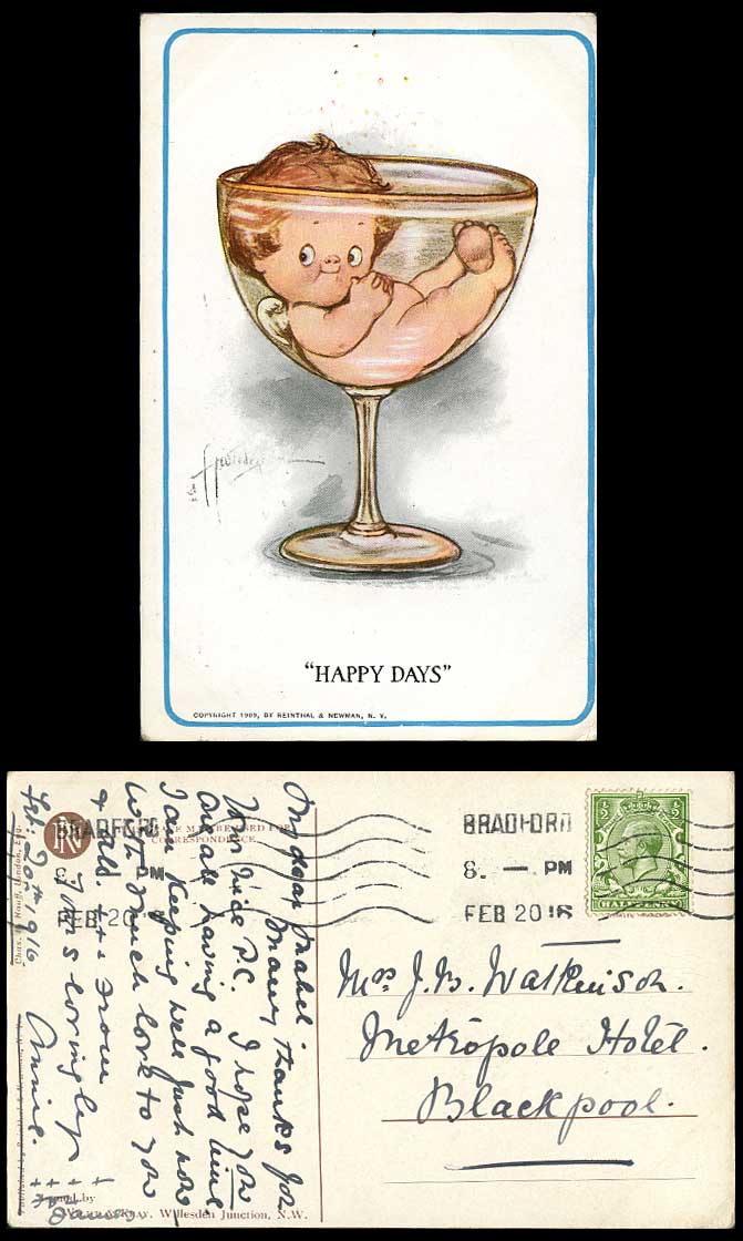 Artist Signed 1916 Old Postcard Happy Days Baby Angel Boy Girl in a Wine Glass