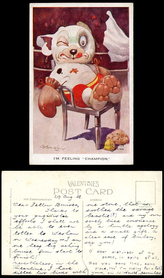 BONZO DOG G.E. Studdy 1938 Old Postcard BOXING, I'm Feeling Champion, Boxer 1128