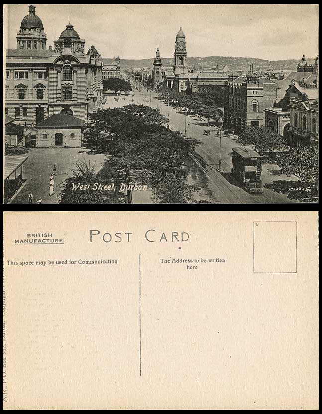 South Africa Old Postcard West Street Scene Durban Tram Tramway & Clock Tower