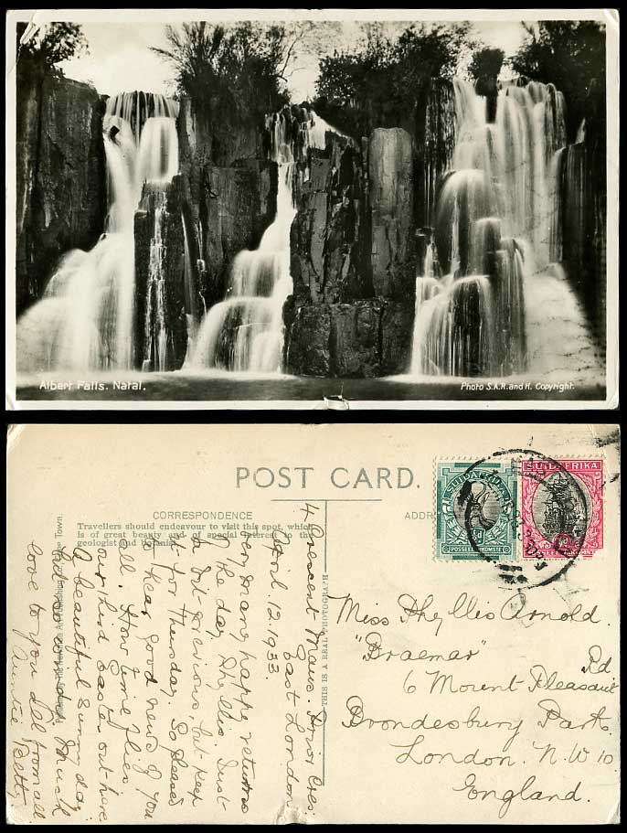 South Africa NATAL 1/2d 1d 1933 Old Postcard ALBERT FALLS Waterfalls Water Falls