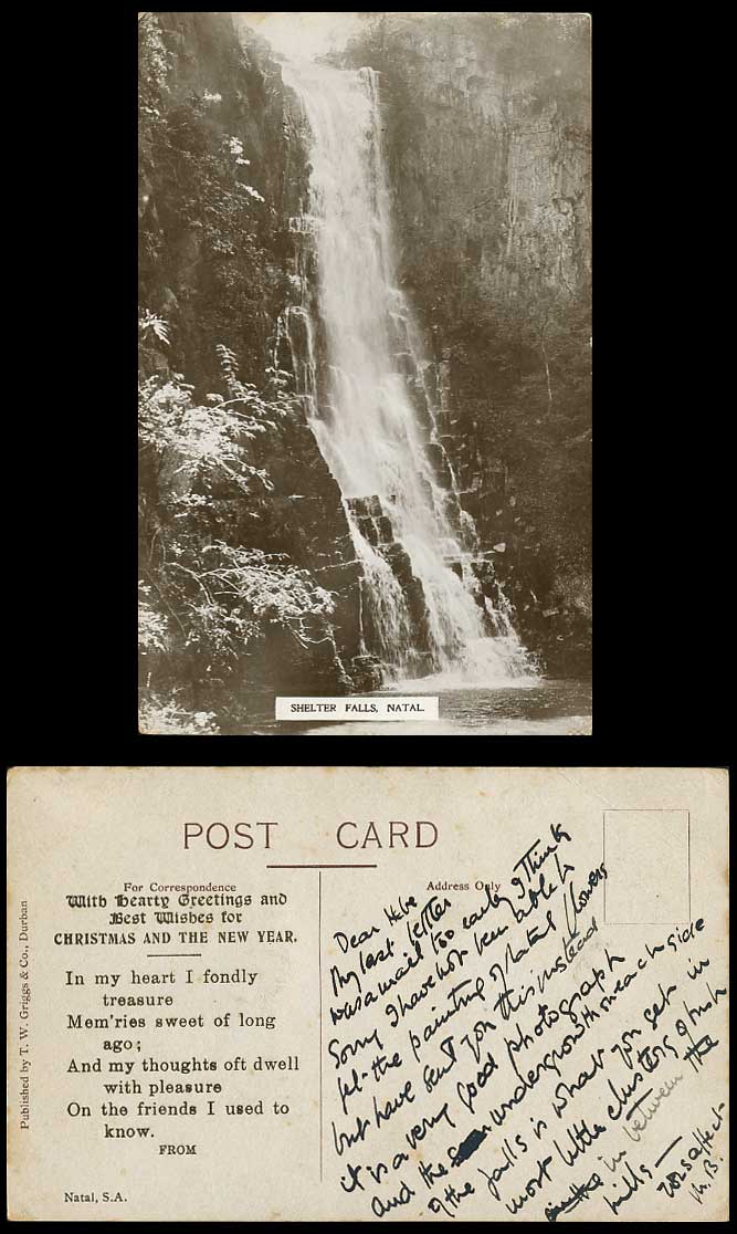 South Africa Shelter Falls Natal Waterfalls Old R.P. Postcard Christmas New Year