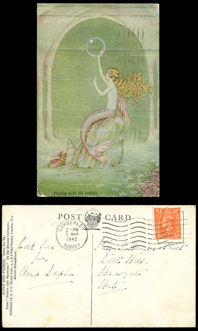 Ida Rentoul Outhwaite 1942 Old Postcard Mermaid Playing with Bubbles, Fish Fairy