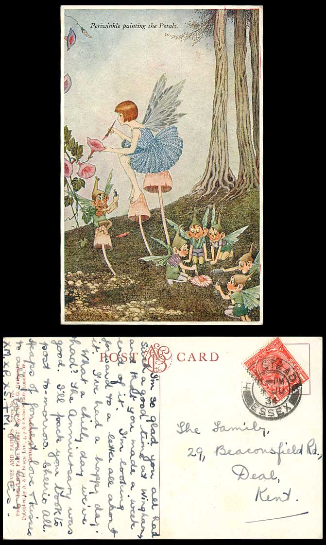 IR & G OUTHWAITE 1934 Old Postcard Periwinkle Painting Petals Elves & Fairies 75