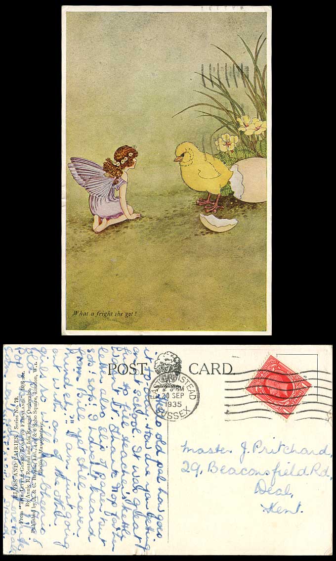 AR & IR OUTHWAITE 1935 Old Postcard What a Fright She Got! Chick Bird Egg Fairy
