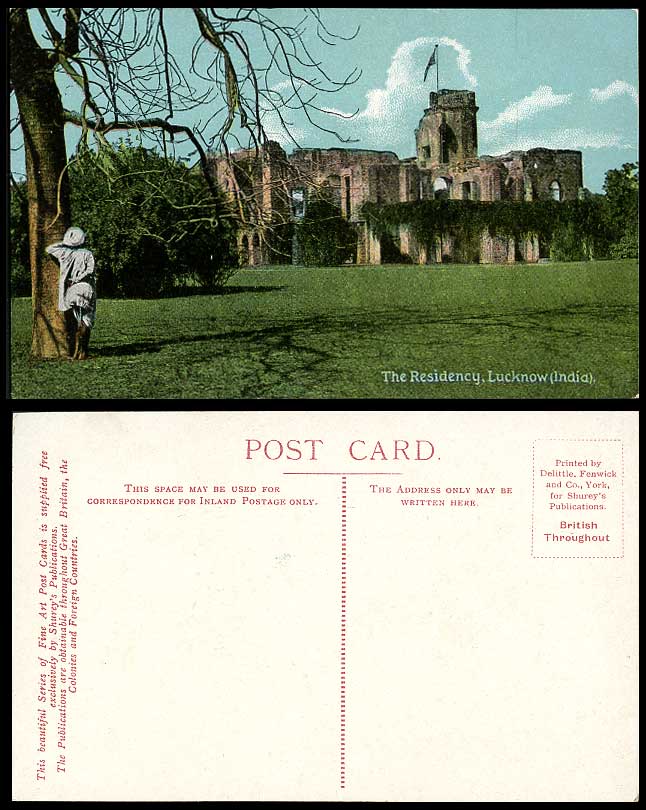 India Old Postcard The Presidency Lucknow Ruins Native Man Stand by Tree Shureys
