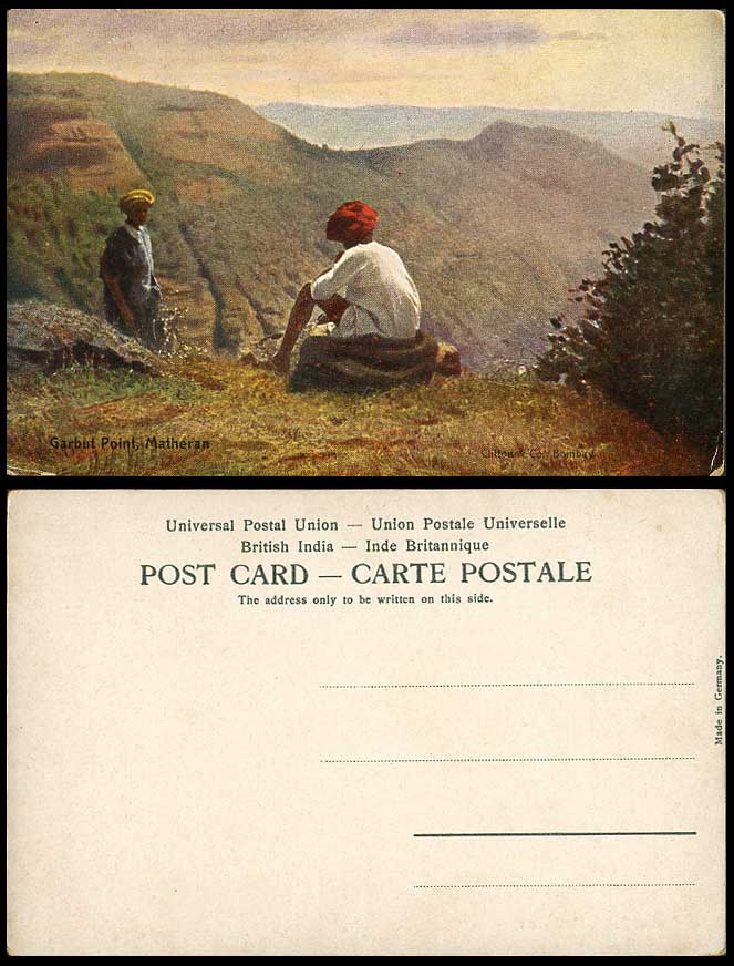India Old Colour Postcard Garbut Point Matheran, 2 Native Men Mountains Panorama