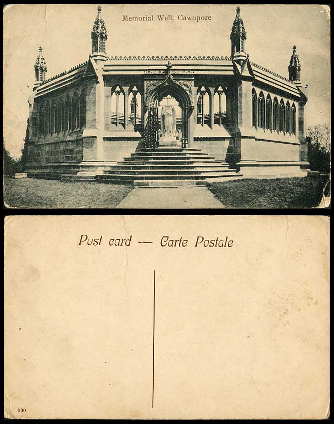 India Old Postcard Memorial Well CAWNPORE Angel & Cross Statue Steps Kanpur 500