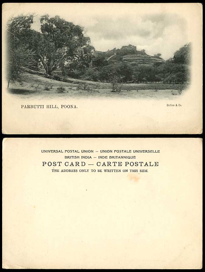 India PARBATI HILL Panorama POONA Parvatti Hill Old Undivided Back U.B. Postcard