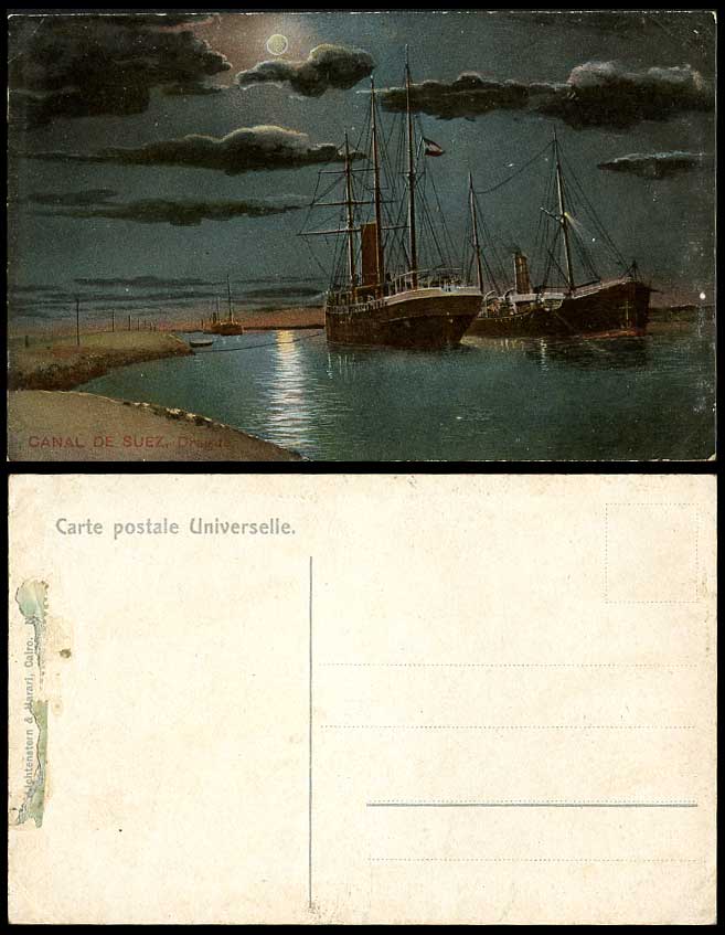 Egypt Old Postcard Port Said Canal Suez Drague Dredge Night Moonlight Moon Ships
