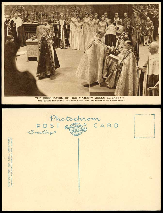 Coronation, Queen Elizabeth II Receiving Orb, Archbishop Canterbury Old Postcard