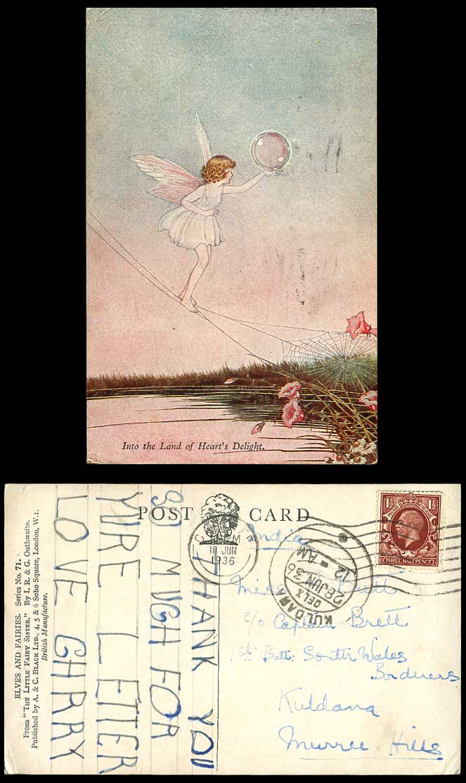 IR&G Outhwaite 1936 Old Postcard Spider Web Bubble, Into Land of Heart's Delight