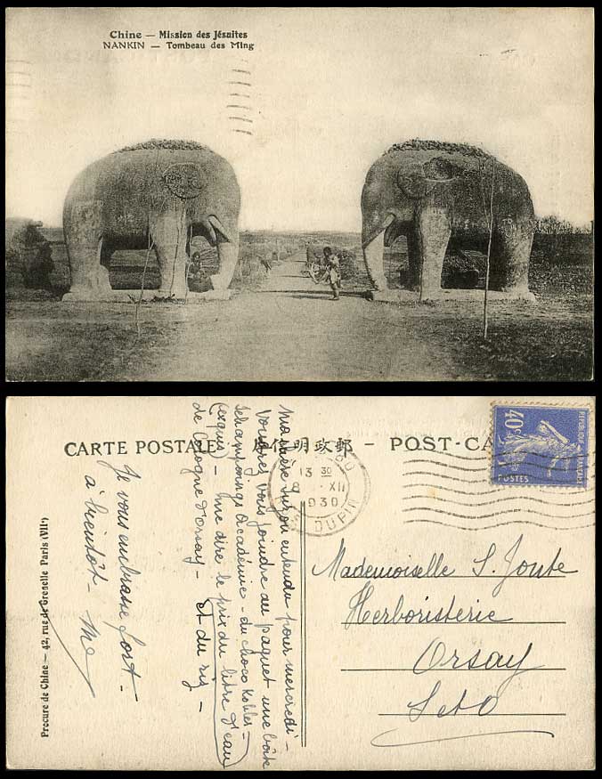 China 1930 Old Postcard Stone Elephants Ming Tombs Nanking Nankin Native Coolies