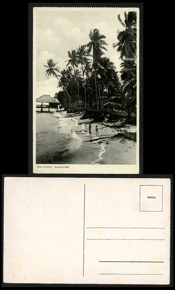 Singapore Old Postcard Sea Shore Beach Seaside Palm Trees Malay Children Malaya