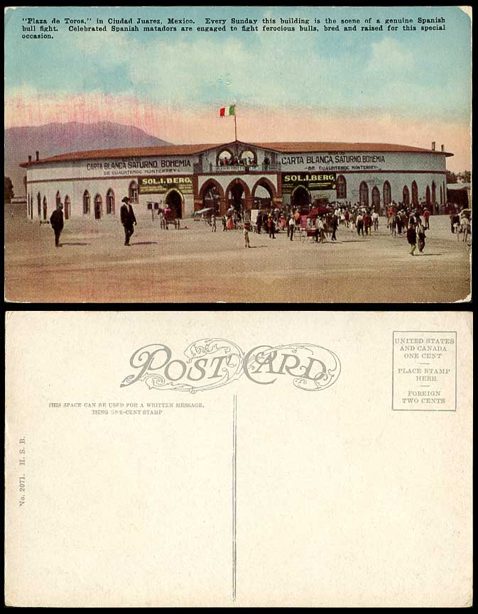 Mexico Old Colour Postcard Plaza de Toros Ciudad Juarez, Bullring Bullfight Flag