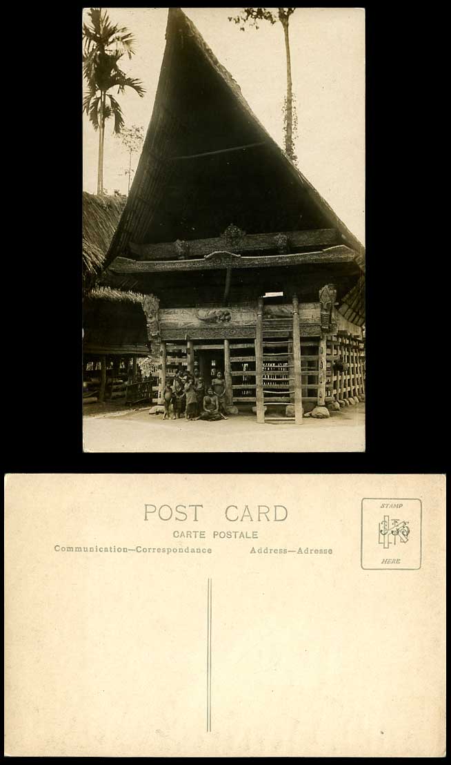 Indonesia Old Real Photo Postcard Batak Hill Tribe Sumatra Native House Children