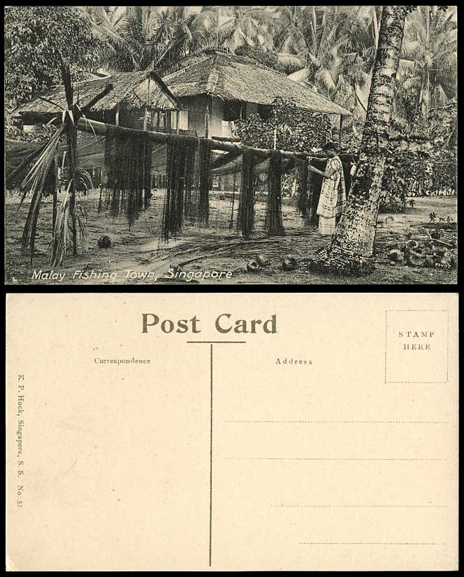 Singapore Old Postcard MALAY FISHING TOWN Nets Fishery Fisherman Palm Trees N.37