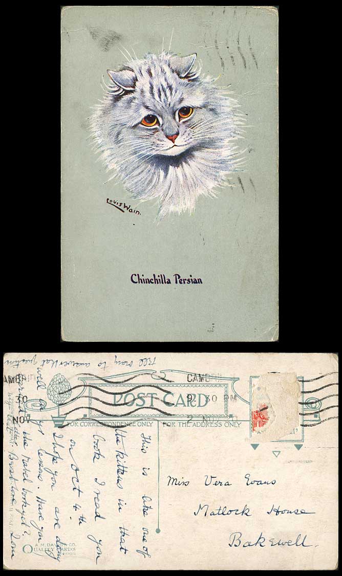 Louis Wain Artist Signed Chinchilla Persian Cat Kitten Prize Winner Old Postcard
