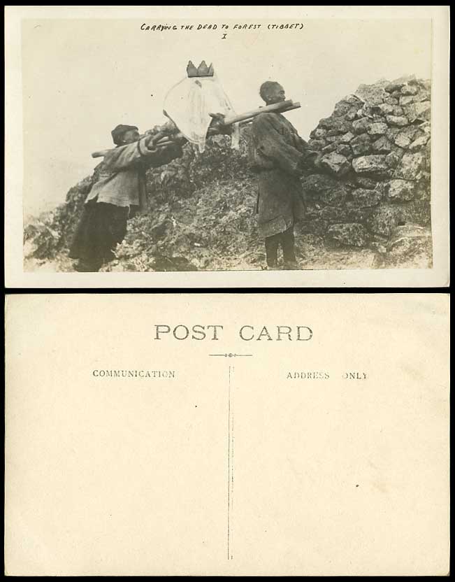 Tibet China Old Postcard Native Tibetan Burial Carrying The Dead to Forest Cooli