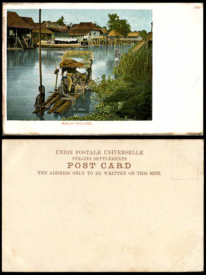 Singapore Old Postcard Malay Village Huts Houses on Stilts Children Boys & Boats