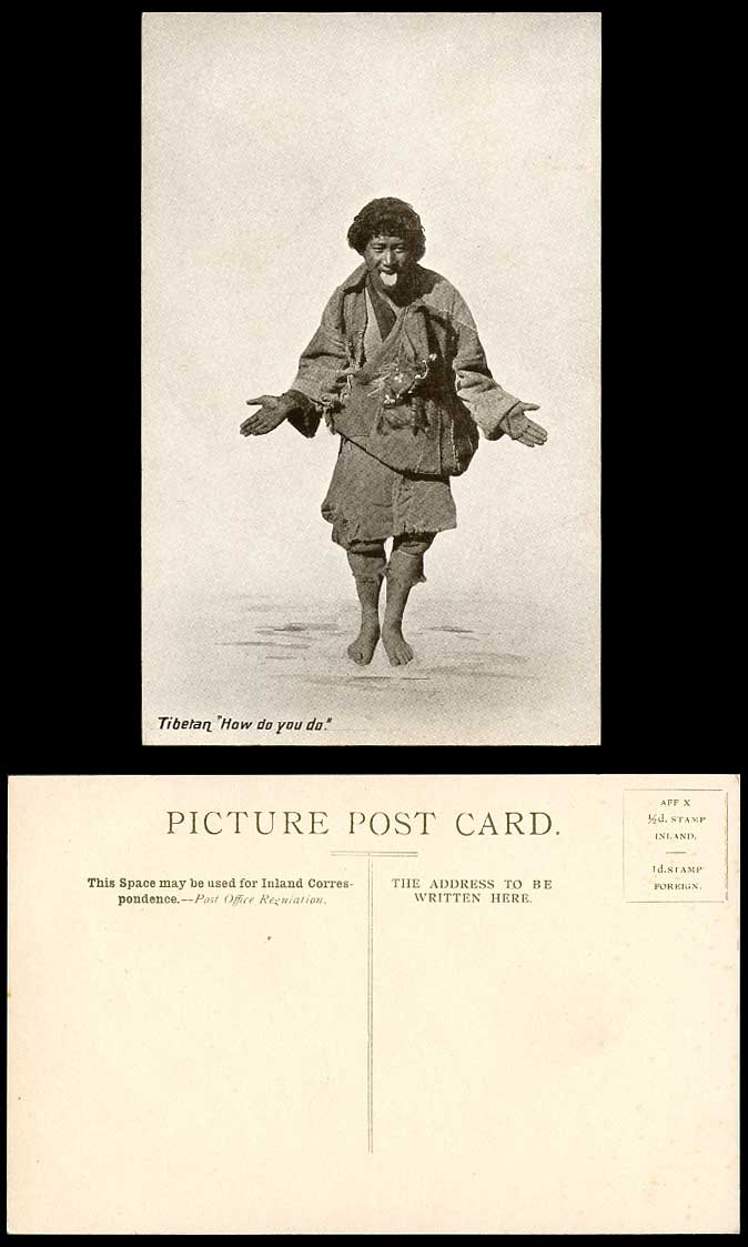 TIBET China Old Postcard Tibetan Boy How Do You Do Putting out Tongue Greetings