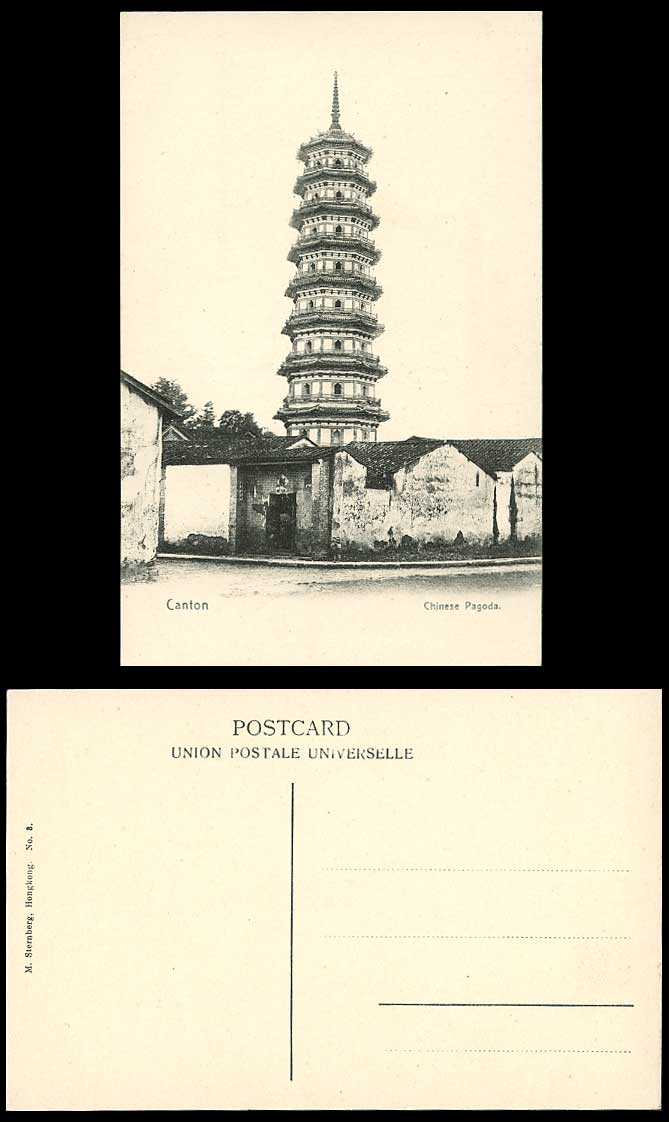 Hong Kong China Old Postcard Canton Chinese Pagoda Temple, Street Scene & Houses