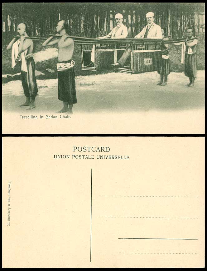 Hong Kong China Old Postcard Coolies 2 Western Men Travelling in SEDAN CHAIR 151