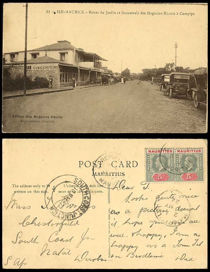 Mauritius 1922 Old Postcard CUREPIPE Street Cars Route de Jardin Magasins Reunis