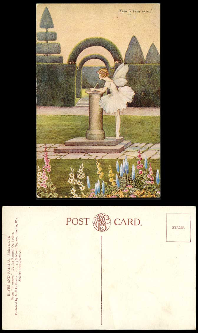 I.R. OUTHWAITE Old Postcard FAIRY GIRL SUNDIAL BLOSSOM What is Time To Us Flower