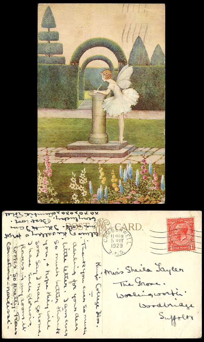 I. R. OUTHWAITE 1929 Old Postcard FAIRY GIRL SUNDIAL BLOSSOM What is Time To Us?