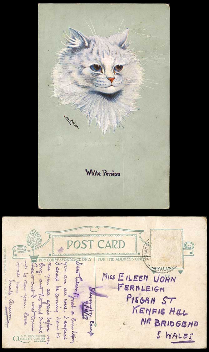 LOUIS WAIN Artist Signed White Persian Cat Kitten 1917 Old Postcard Prize Winner