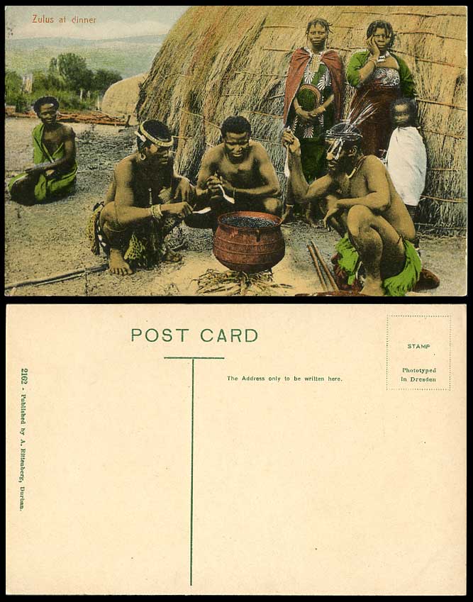 South Africa ZULU Zulus at Dinner Black Women Men Child Old Postcard Ethnic Life