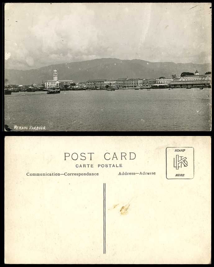 Penang Harbour Panorama General View Old Real Photo Postcard Boats Quays Wharves