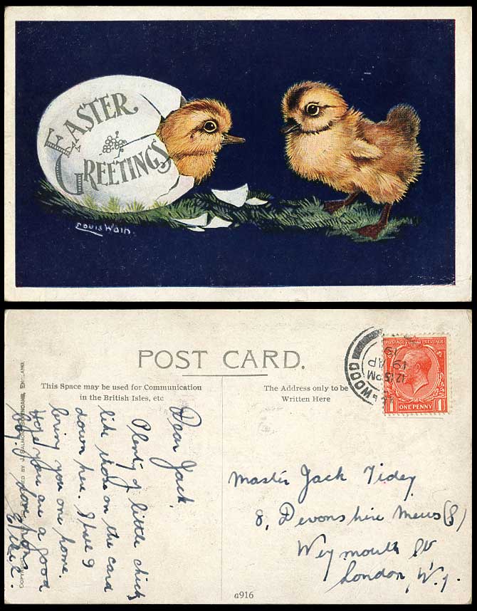 Louis Wain Artist Signed 1919 Old Postcard Chicks Birds and Egg Easter Greetings