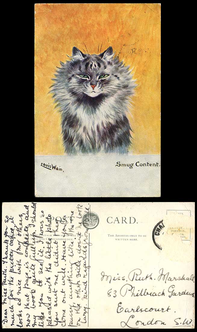 Louis Wain Artist Signed Cat Kitten Smug Content Pussy At Home Pets Old Postcard